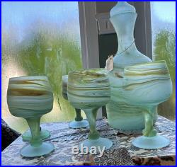 Vintage Phoenician Hebron Art Glass Decanter Set 5 Goblets & Tagged Carafe Mint