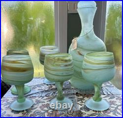 Vintage Phoenician Hebron Art Glass Decanter Set 5 Goblets & Tagged Carafe Mint