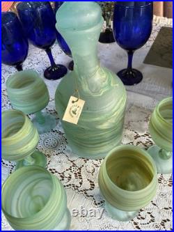 Vintage Phoenician Hebron Art Glass Decanter Set 5 Goblets & Tagged Carafe Mint