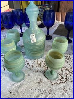Vintage Phoenician Hebron Art Glass Decanter Set 5 Goblets & Tagged Carafe Mint