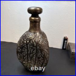 Vintage Pinched Glass Decanter withSterling Silver Overlay, Signed