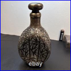 Vintage Pinched Glass Decanter withSterling Silver Overlay, Signed