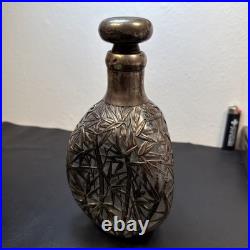 Vintage Pinched Glass Decanter withSterling Silver Overlay, Signed