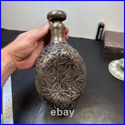 Vintage Pinched Glass Decanter withSterling Silver Overlay, Signed