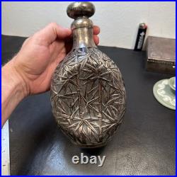 Vintage Pinched Glass Decanter withSterling Silver Overlay, Signed
