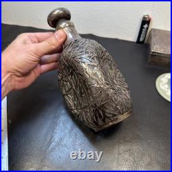 Vintage Pinched Glass Decanter withSterling Silver Overlay, Signed