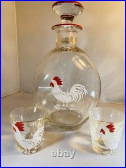 Vintage Pinched Glass Rooster Decanter Set Two Shot Cordials Ground Stopper Bar