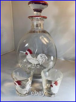 Vintage Pinched Glass Rooster Decanter Set Two Shot Cordials Ground Stopper Bar