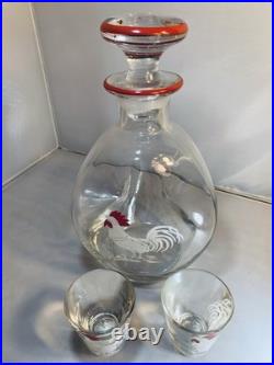 Vintage Pinched Glass Rooster Decanter Set Two Shot Cordials Ground Stopper Bar