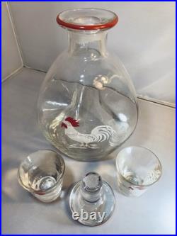 Vintage Pinched Glass Rooster Decanter Set Two Shot Cordials Ground Stopper Bar