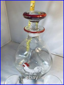 Vintage Pinched Glass Rooster Decanter Set Two Shot Cordials Ground Stopper Bar