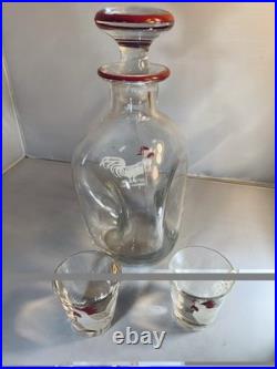 Vintage Pinched Glass Rooster Decanter Set Two Shot Cordials Ground Stopper Bar