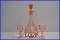 Vintage Pink Depression Glass Decanter & 2 Glasses Art Deco Barware Hexagon Stop
