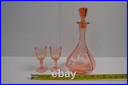 Vintage Pink Depression Glass Decanter & 2 Glasses Art Deco Barware Hexagon Stop