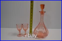 Vintage Pink Depression Glass Decanter & 2 Glasses Art Deco Barware Hexagon Stop