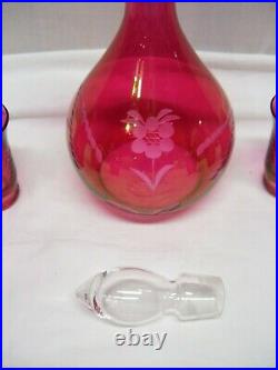 Vintage Pink Glass Decanter Set Liquor 6 Shot Glasses Clear Stopper Etched, RARE