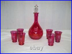 Vintage Pink Glass Decanter Set Liquor 6 Shot Glasses Clear Stopper Etched, RARE