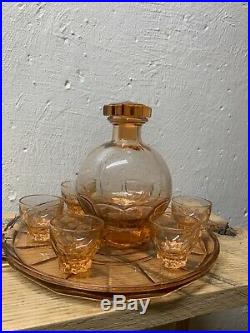 Vintage Pink Glass Decanter Set Liquor 6 Shot Glasses Home Decor Cup