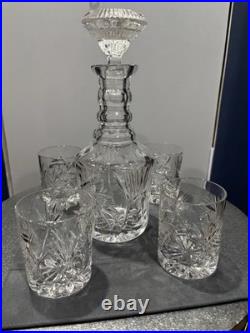 Vintage Pinwheel Star of David Cut Glass Crystal Decanter And Glasses Set Of 5