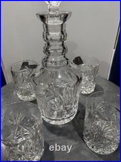 Vintage Pinwheel Star of David Cut Glass Crystal Decanter And Glasses Set Of 5
