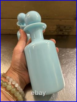 Vintage Portieux Vallerysthal Aqua Blue Opaline Glass Decanter Set