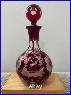 Vintage Possibly Antique Bohemian Cranberry Glass Decanter with Etched Decoration