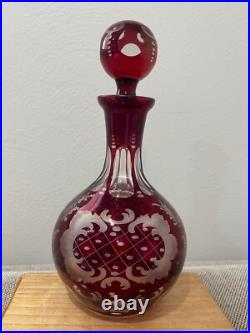 Vintage Possibly Antique Bohemian Cranberry Glass Decanter with Etched Decoration