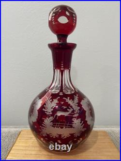 Vintage Possibly Antique Bohemian Cranberry Glass Decanter with Etched Decoration