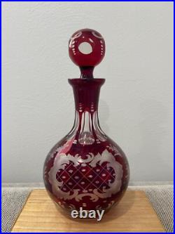 Vintage Possibly Antique Bohemian Cranberry Glass Decanter with Etched Decoration