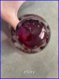 Vintage Possibly Antique Bohemian Cranberry Glass Decanter with Etched Decoration