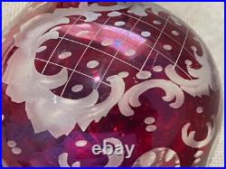 Vintage Possibly Antique Bohemian Cranberry Glass Decanter with Etched Decoration