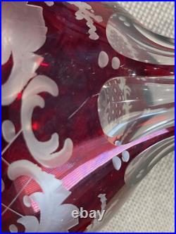 Vintage Possibly Antique Bohemian Cranberry Glass Decanter with Etched Decoration
