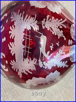 Vintage Possibly Antique Bohemian Cranberry Glass Decanter with Etched Decoration