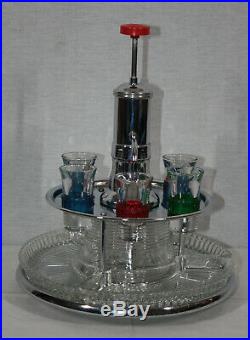 Vintage Pump Decanter In Chrome Stand With 6 Shot Glasses & 3 Crystal Trays