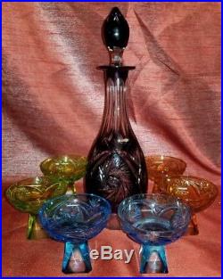 Vintage Purple Cut to Clear Bohemian Glass Decanter Set with 6 Glasses Green Blue