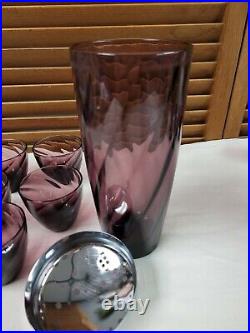 Vintage Purple Glass Swirl Cocktail Shaker Decanter with Glasses Bar Set