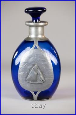 Vintage Queen Anne Pewter Cobalt Blue Glass Decanter Sailboat Brooklyn NY
