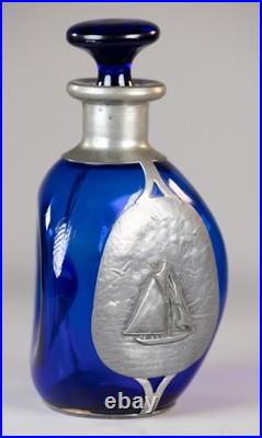 Vintage Queen Anne Pewter Cobalt Blue Glass Decanter Sailboat Brooklyn NY