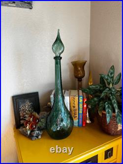 Vintage Quilted Empoli Glass Green Geni Bottle Decanter with Stopper