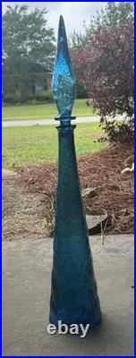 Vintage RARE Empoli Teal Blue Ice Decanter With Stopper 23 inches tall