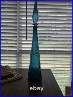 Vintage RARE Empoli Teal Blue Ice Decanter With Stopper 23 inches tall