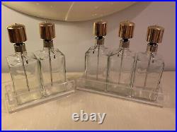 Vintage RARE GOLD Pump Liquor Dispenser Glass Decanter Set Of 5 With 2 Trays