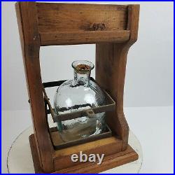 Vintage RARE Liquor Decanter in Wood Stand with Metal Holder 13x9x6 Bar Man Cave