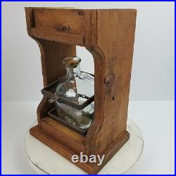 Vintage RARE Liquor Decanter in Wood Stand with Metal Holder 13x9x6 Bar Man Cave