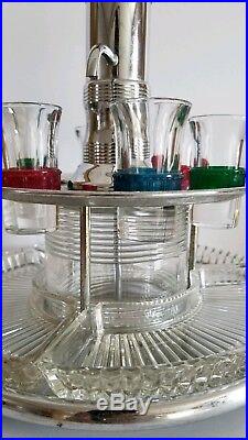 Vintage RARE liquor dispenser pump & tray mcm glass red barware retro shotglass