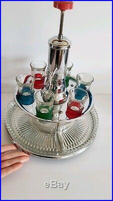 Vintage RARE liquor dispenser pump & tray mcm glass red barware retro shotglass
