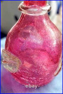 Vintage Rainbow Cranberry Crackle Glass Decanter Art Glass MCM