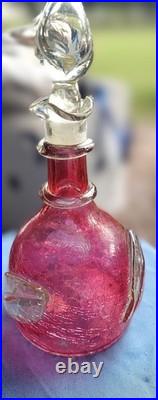 Vintage Rainbow Cranberry Crackle Glass Decanter Art Glass MCM