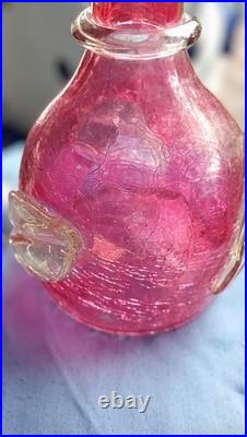 Vintage Rainbow Cranberry Crackle Glass Decanter Art Glass MCM