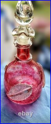 Vintage Rainbow Cranberry Crackle Glass Decanter Art Glass MCM